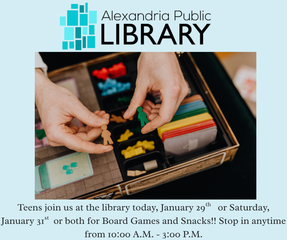 Join us at the library today or Saturday or both for Board Games and Snacks